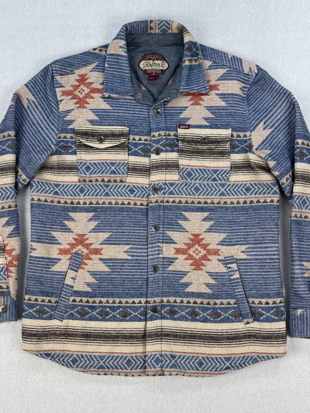 Rafter C Red Dirt Aztec Shirt Jacket Mens XL Blue Wool Blend Snap-Up Overshirt